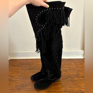 Over-the-Knee Black Leather/Suede Fringe Studded Cowboy Boots, Sz: 7